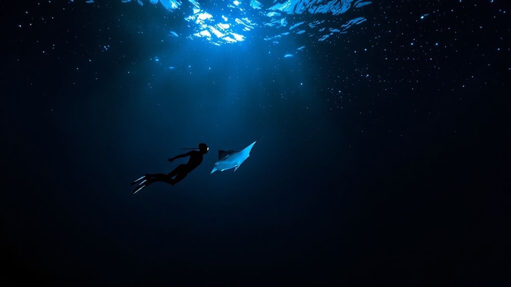 thumbnail_474dda Diver and manta ray swim under water in deep blue sea with light shining from above.