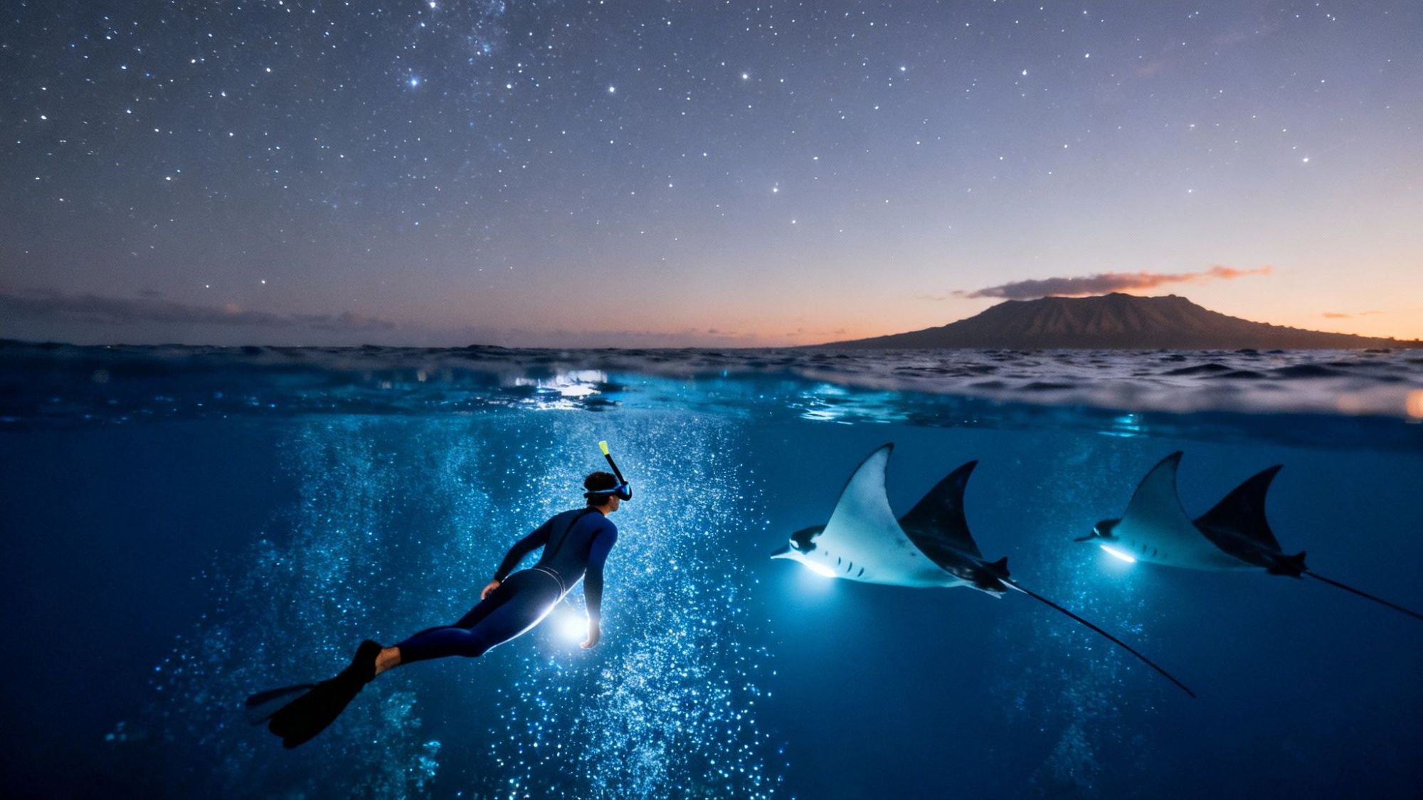 thumbnail_4b57a6 Diver with flashlight swims near manta rays in ocean at dusk with starry sky and mountain in background.