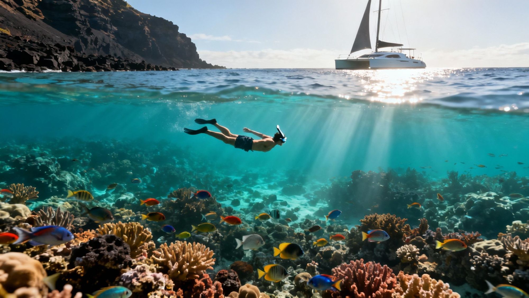 thumbnail_4ef5f5 Person snorkeling over vibrant coral reef with sailboat and rocky island in background.