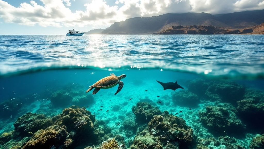 thumbnail_528714 Over-under photo of a turtle and manta ray underwater, with a boat and mountains in the background.
