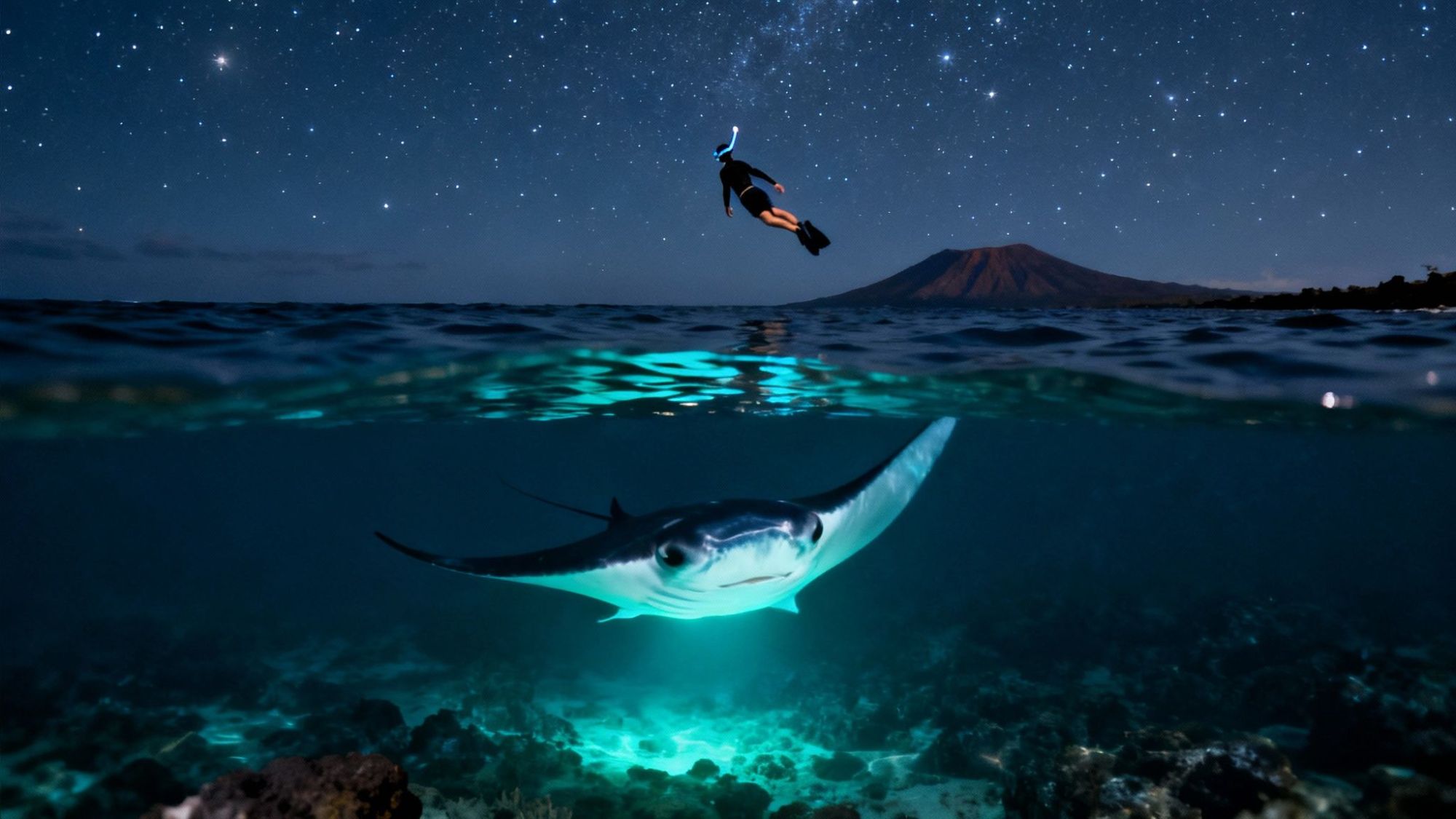 thumbnail_587b2b Snorkeler above a manta ray in starry waters near a volcano at night.