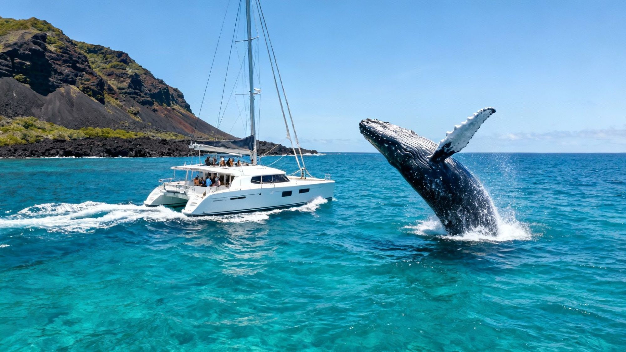 thumbnail_5bc852 Whale breaching near a catamaran with people, mountain and clear blue ocean in background.