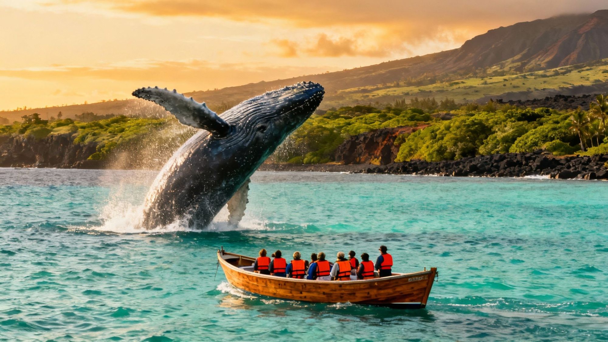 Whale breaching near boat with people in orange vests, ocean and lush coast in background.