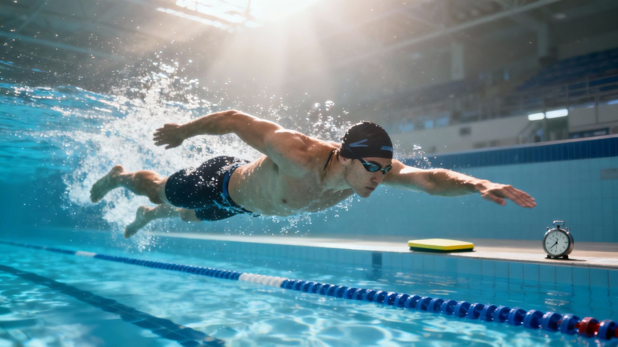 thumbnail_627ca9 Swimmer underwater in a pool near the surface, stopwatch and kickboard visible on deck.