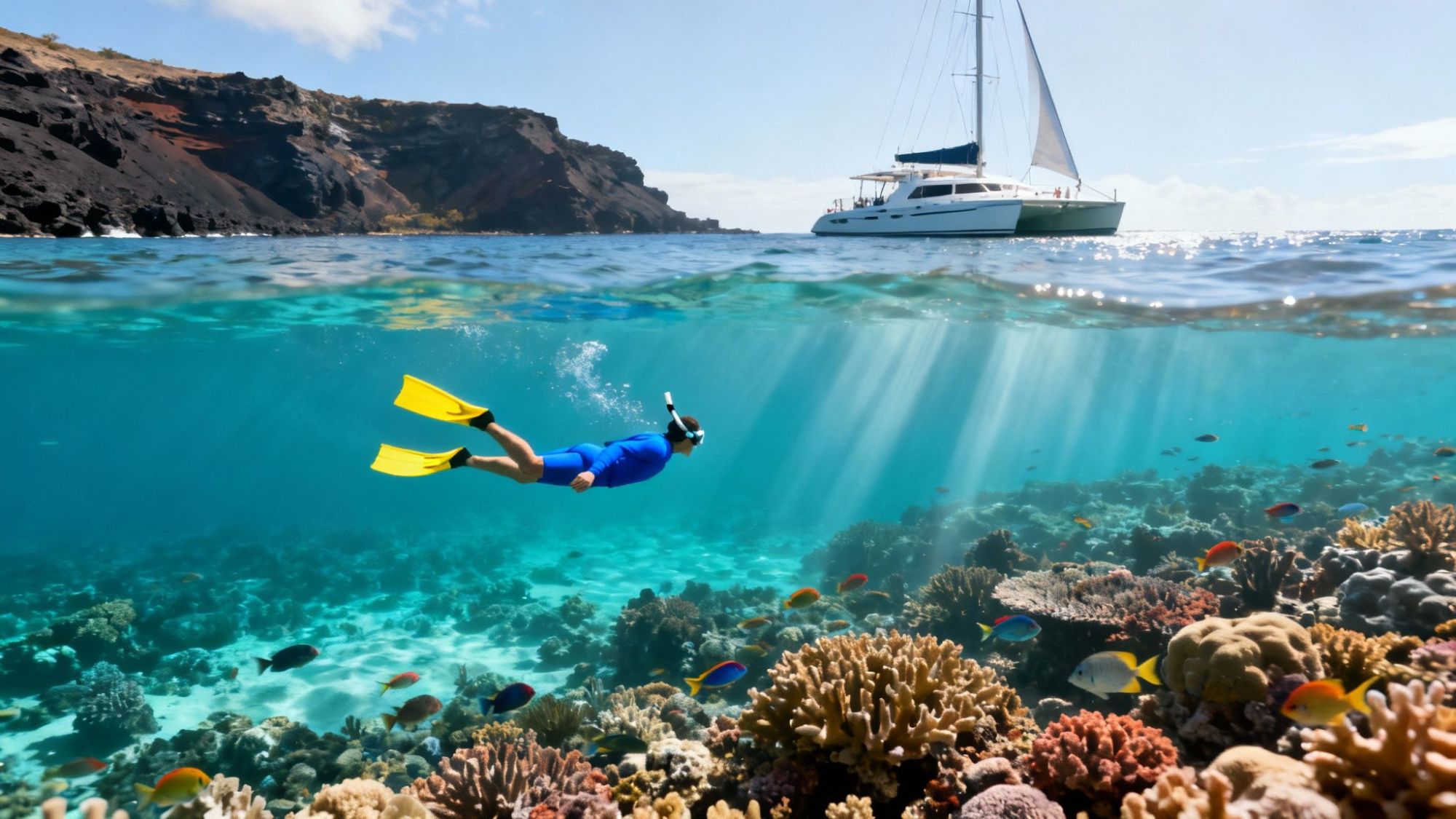 thumbnail_646984 Person snorkeling above colorful coral reef with a sailboat in the background.
