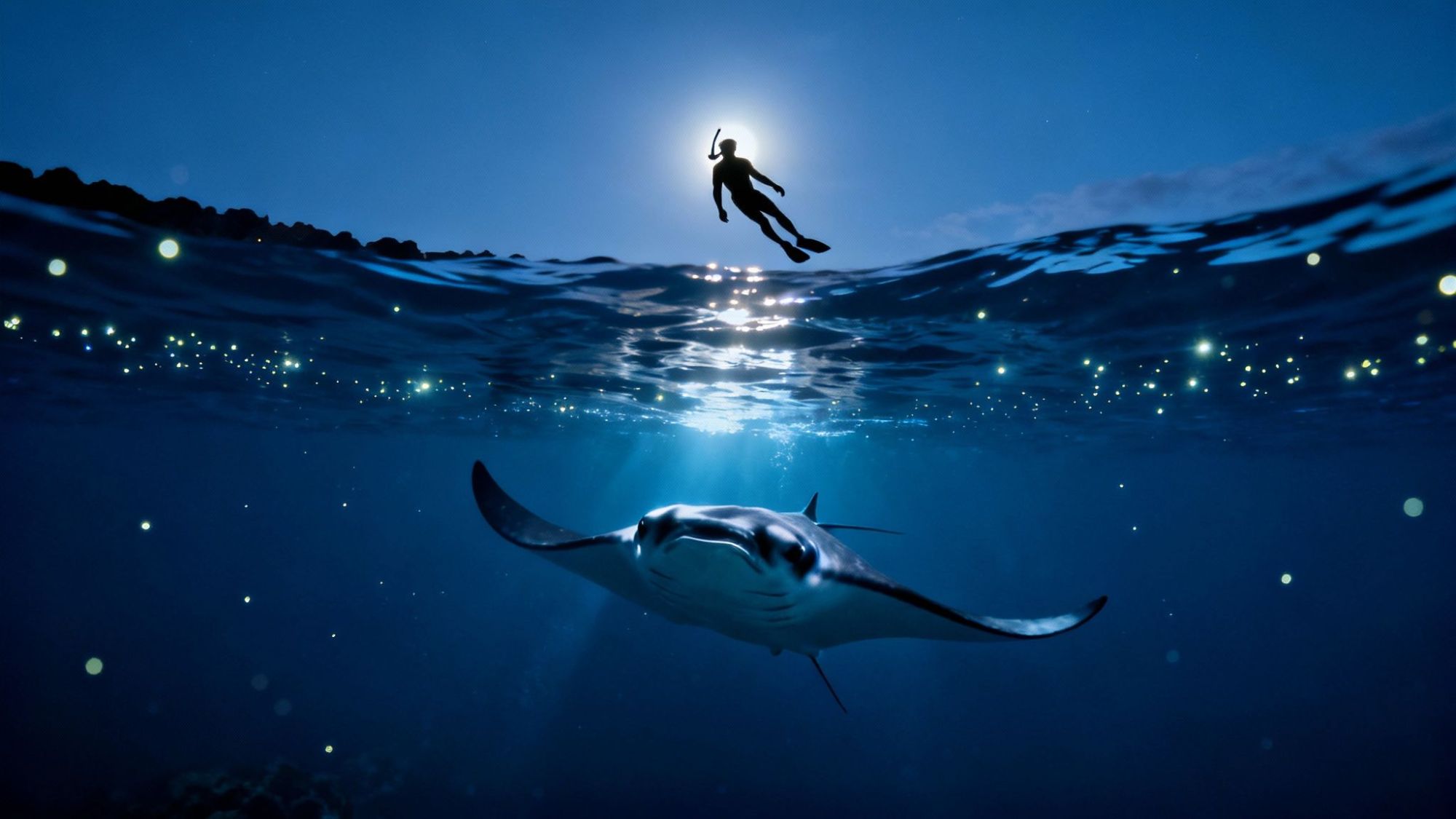 thumbnail_6710a8 Silhouette of a snorkeler above a manta ray in ocean with sunlight.