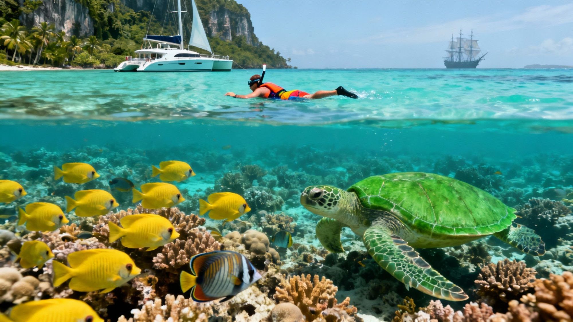 Snorkeler above coral reef with sea turtle and fish; sailboats in background.