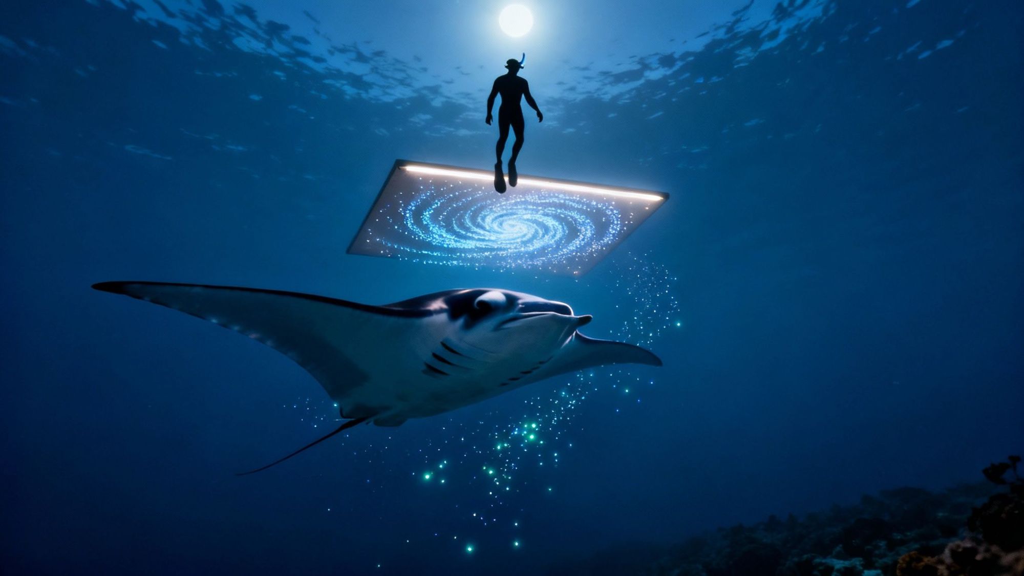 Diver underwater above a digital screen with galaxy image, near a manta ray, under moonlight.