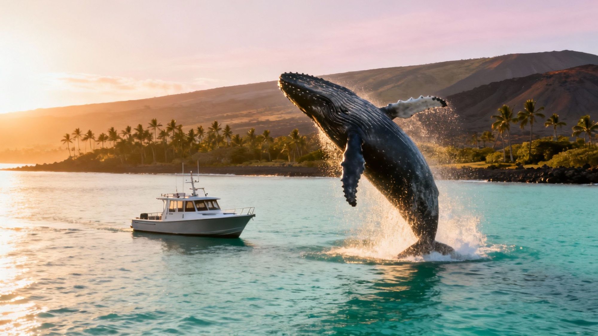 thumbnail_6f8c17 Whale breaching near a boat in ocean with a mountainous island in the background.