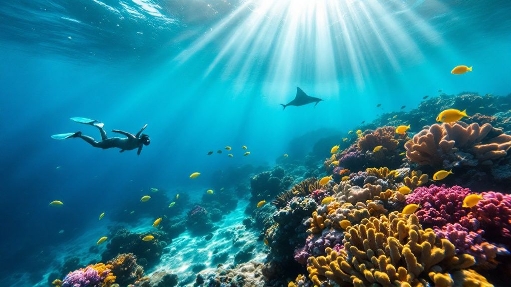 thumbnail_6fda64 Snorkeler swimming near colorful coral reef with fish, sunrays filtering through water.