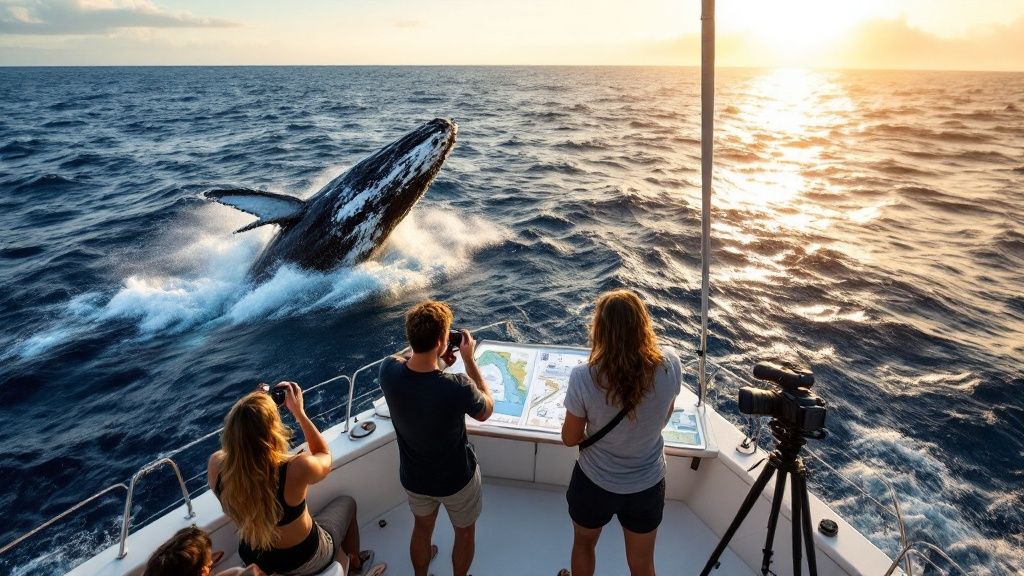 People on a boat watching a whale breaching at sunset in the open ocean.