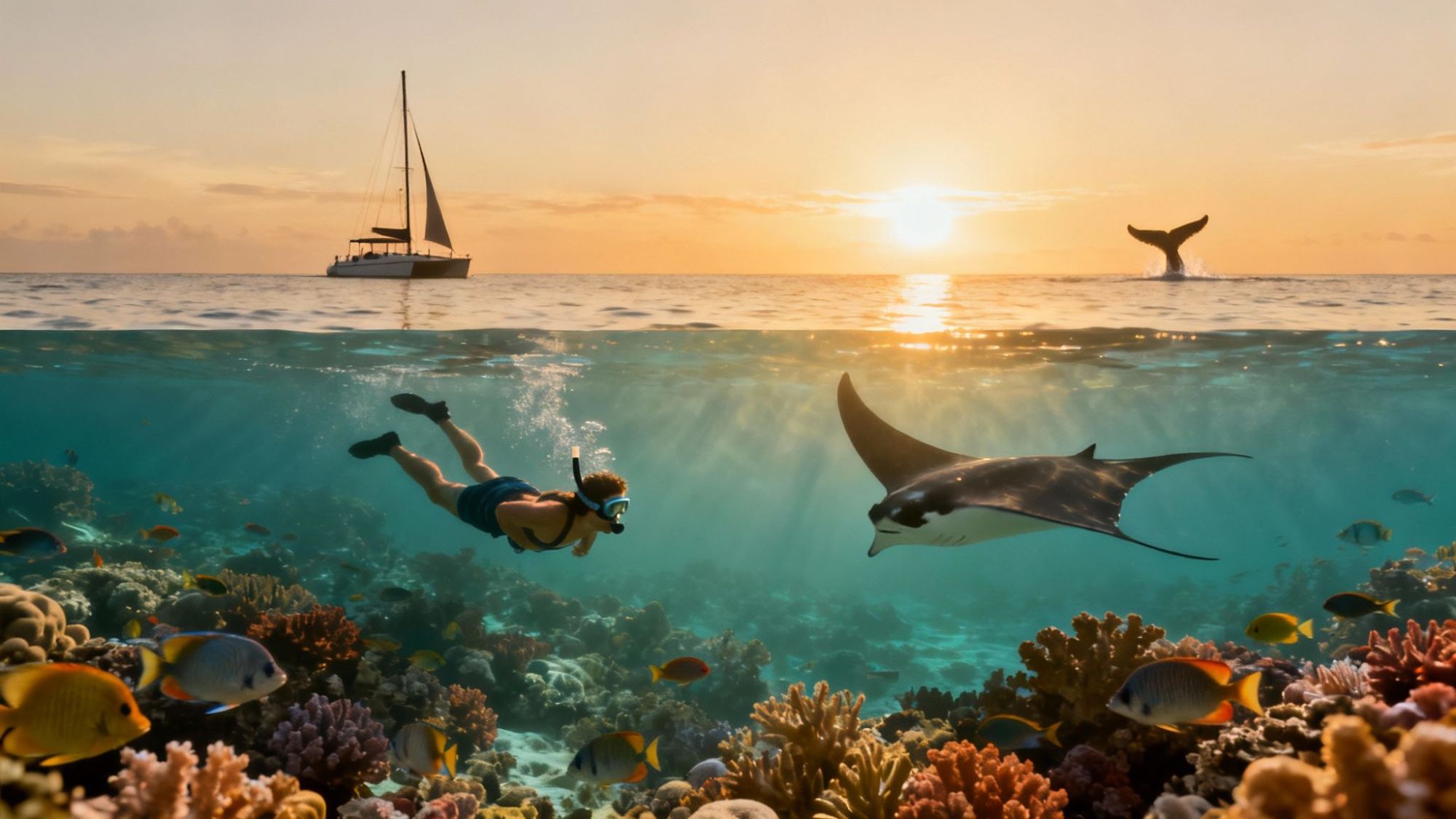 Snorkeler swims near manta ray, coral, fish; sailboat and whale tail in sunset background.
