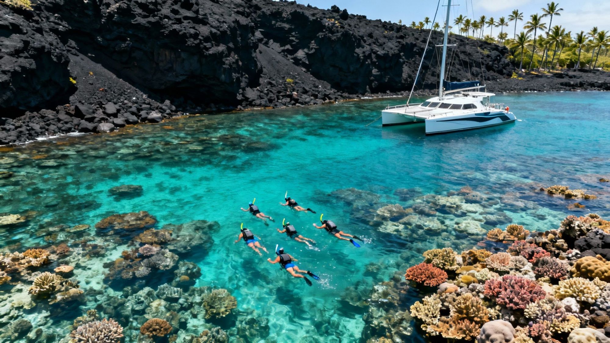 Snorkelers in vibrant coral reef with boat nearby, beneath clear blue water and black rocky shore.