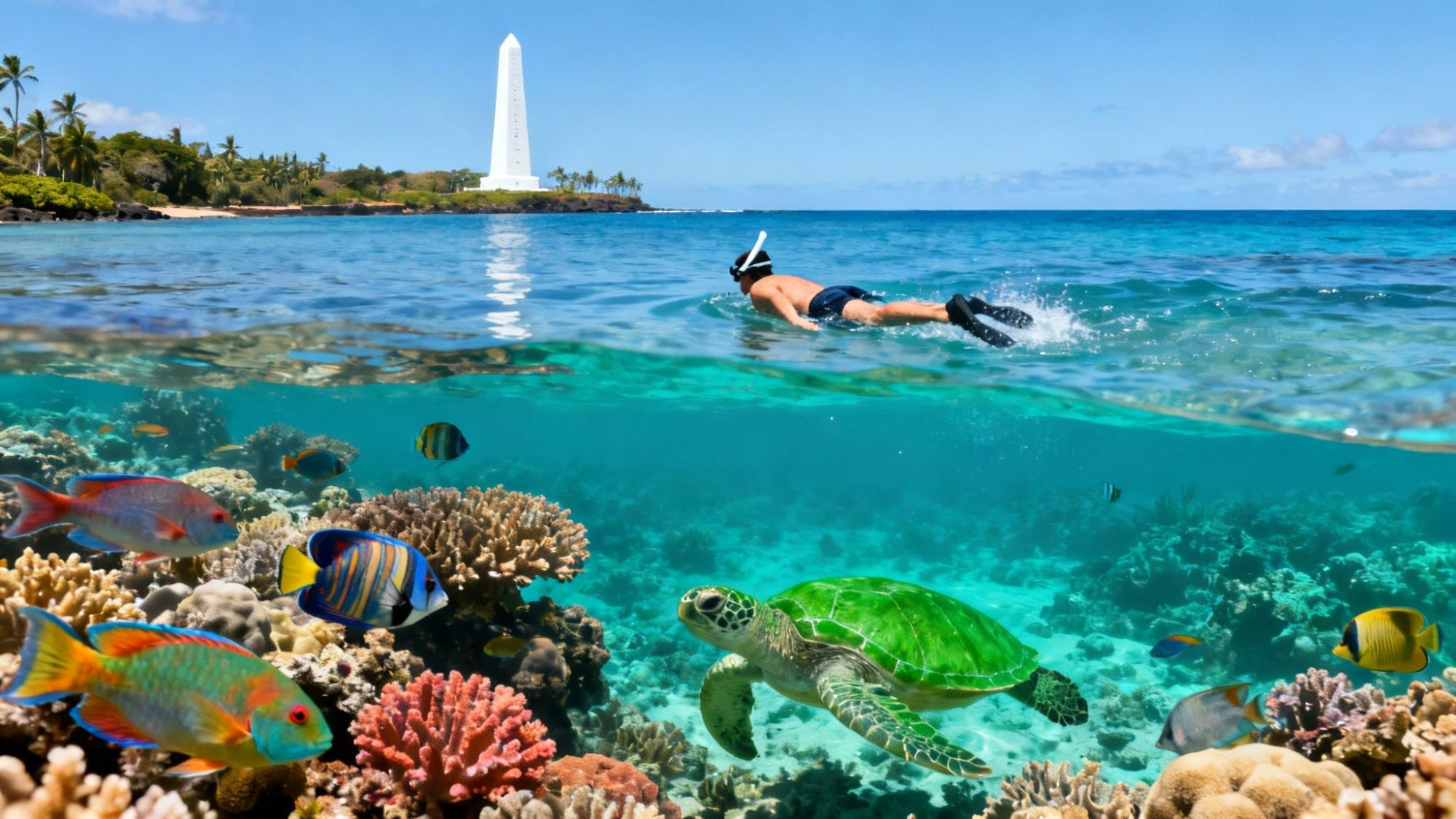 Snorkeler above coral reef with fish and turtle, monument on distant shore.