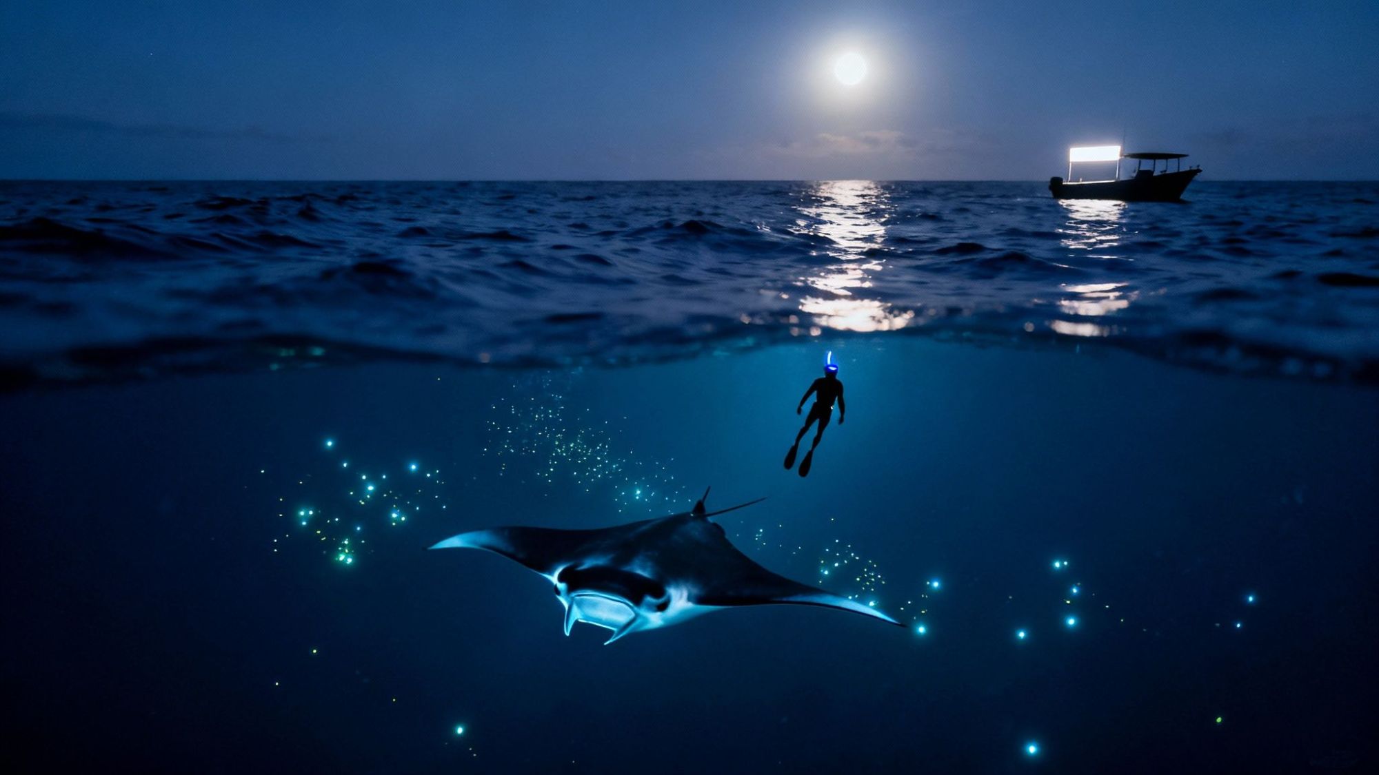 Diver and manta ray underwater lit by bioluminescent sparkles; moonlit sea with boat above.