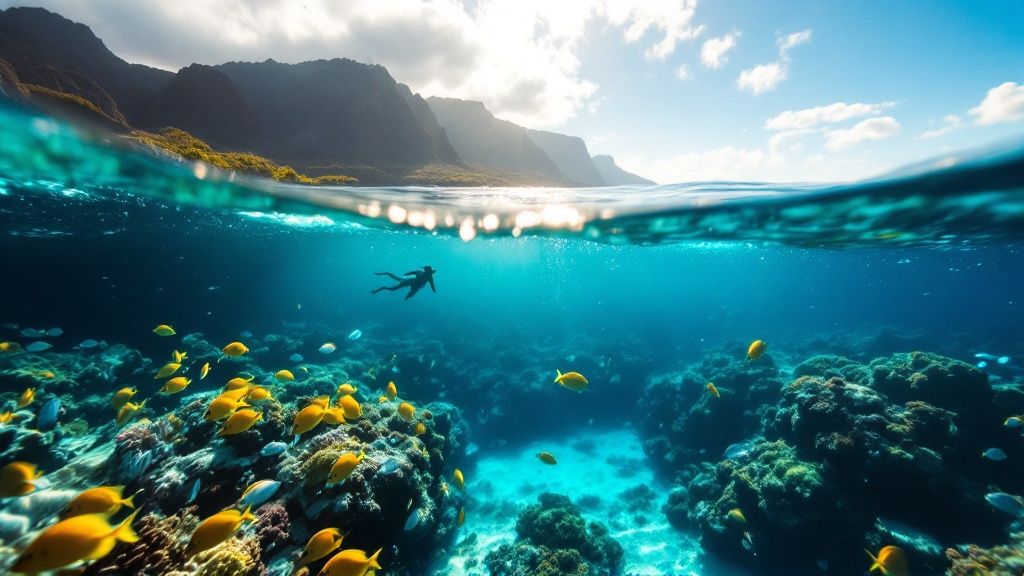 Snorkeler above vibrant coral reef with yellow fish, mountains in the background.