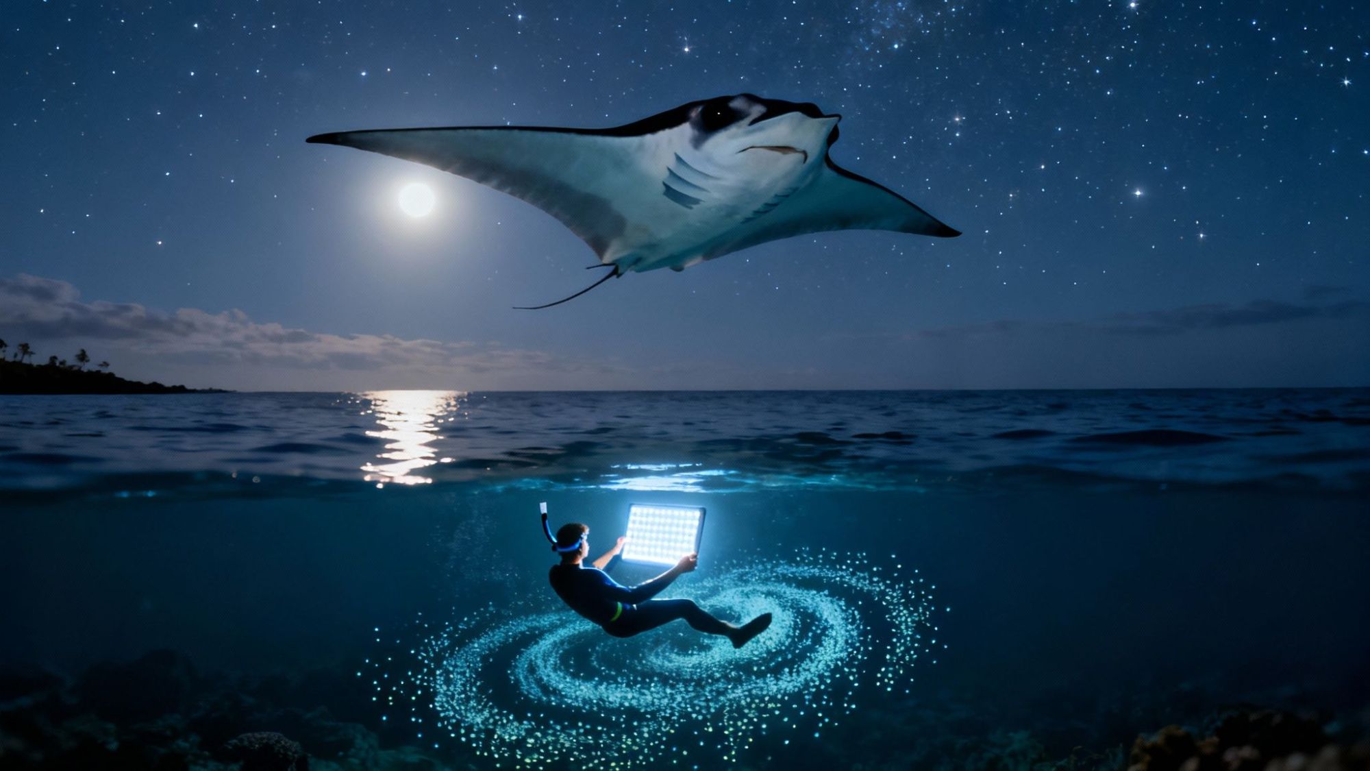 thumbnail_8deded Diver with a light under water, manta ray above, night sky with stars and a full moon.