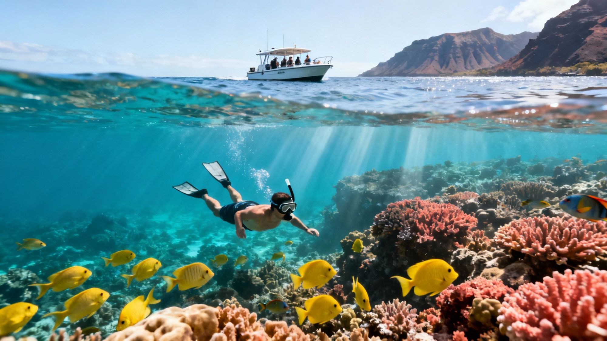 thumbnail_92ee18 Snorkeler swims among fish and coral reef, with a boat and mountains visible above the water.