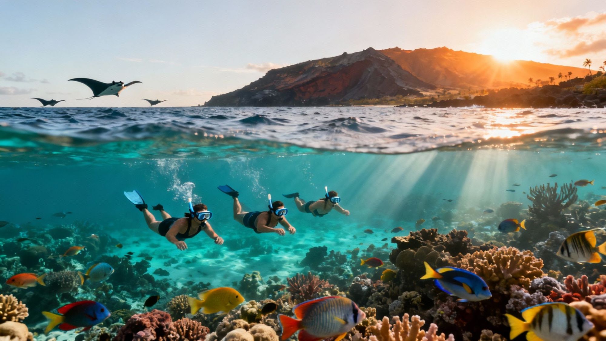 Snorkelers swim over colorful coral reef with manta rays above and sunset over mountains in the background.
