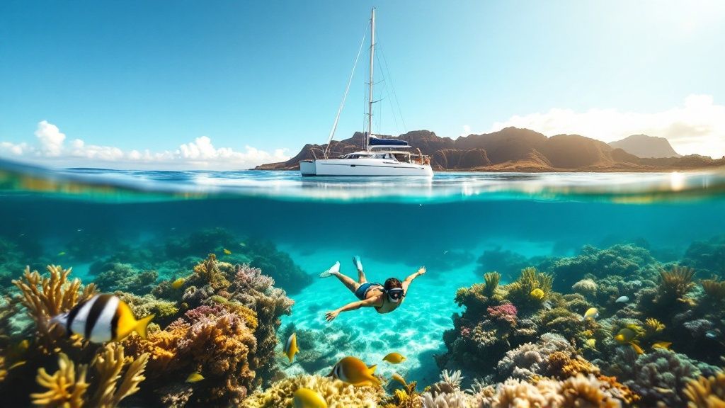Split view of a snorkeler underwater near coral and fish with a sailboat above in a sunny coastal setting.