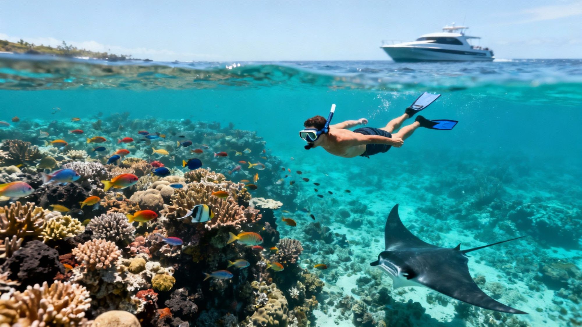 Snorkeler swims near coral reef with colorful fish and a manta ray, boat visible on ocean surface.