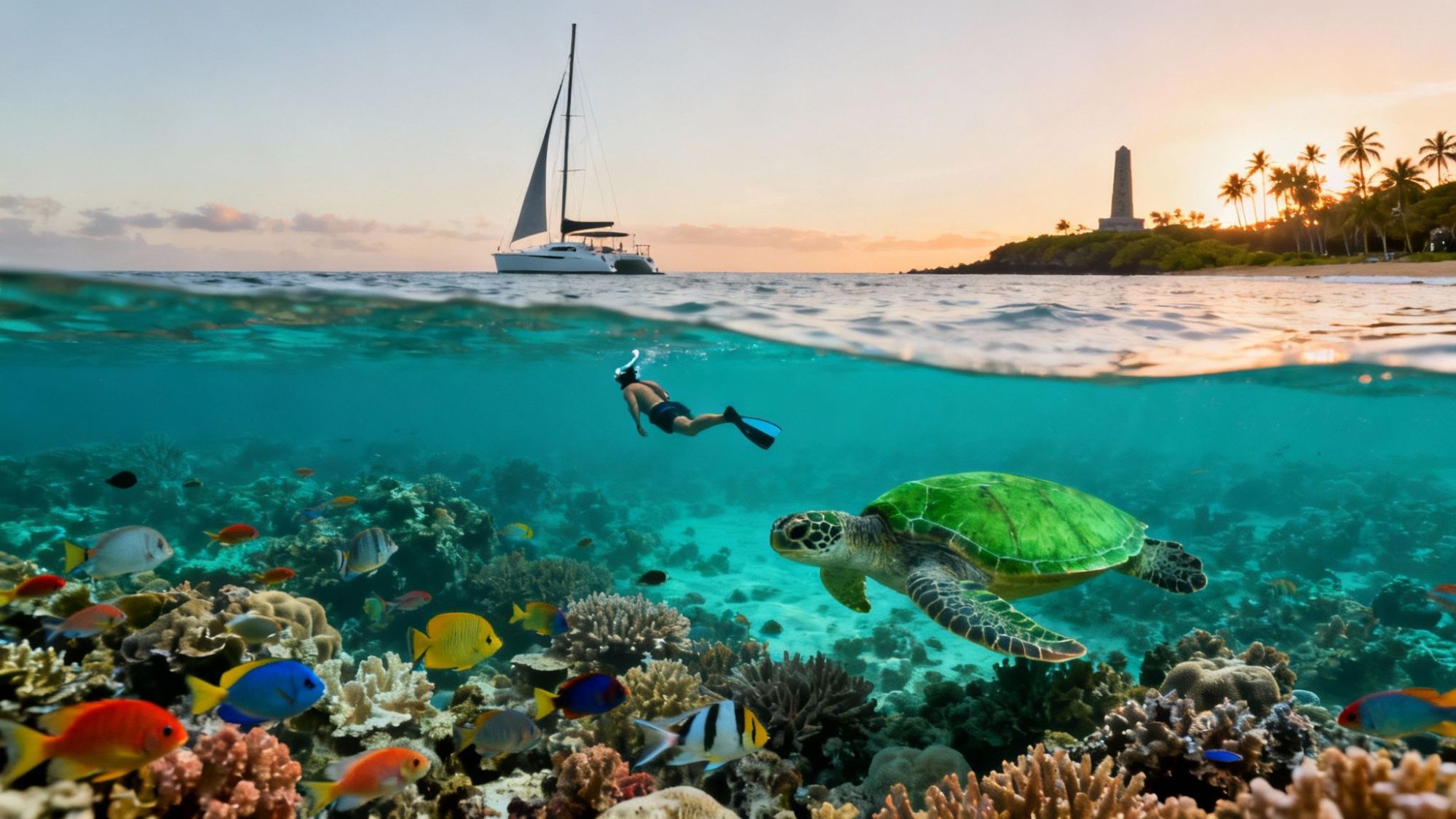 Underwater scene with snorkeler, sea turtle, colorful fish, sailboat above, and sunset in the background.