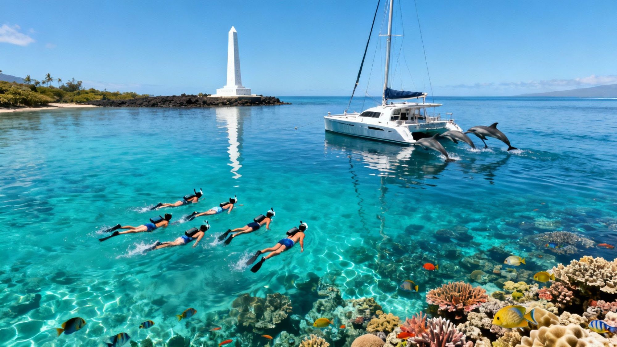 Snorkelers and dolphins by a sailboat near a white monument in clear blue ocean water.