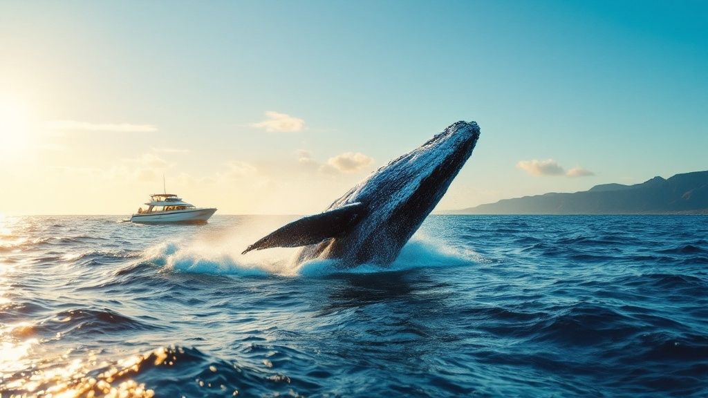 Whale breaching near a boat under a clear sky with mountains in the background.