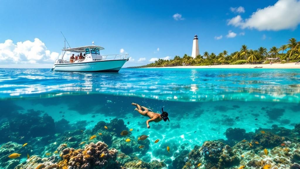 Snorkeler under clear water near boat with lighthouse and palm trees in background.