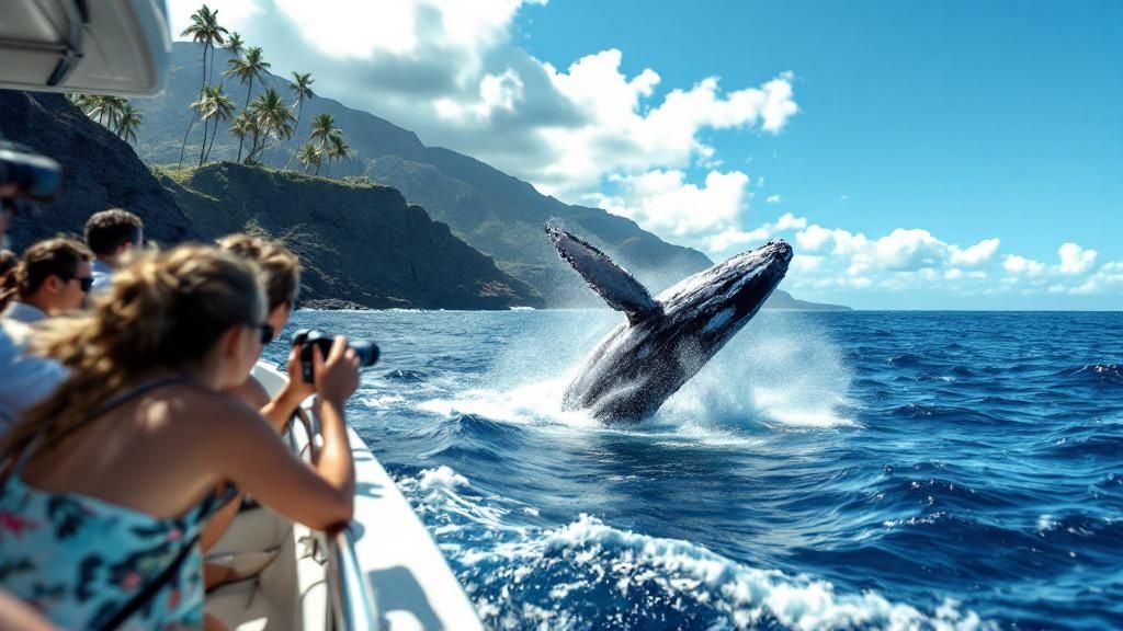thumbnail_a7da22 Whale breaching near a boat of photographers in tropical waters with mountains.