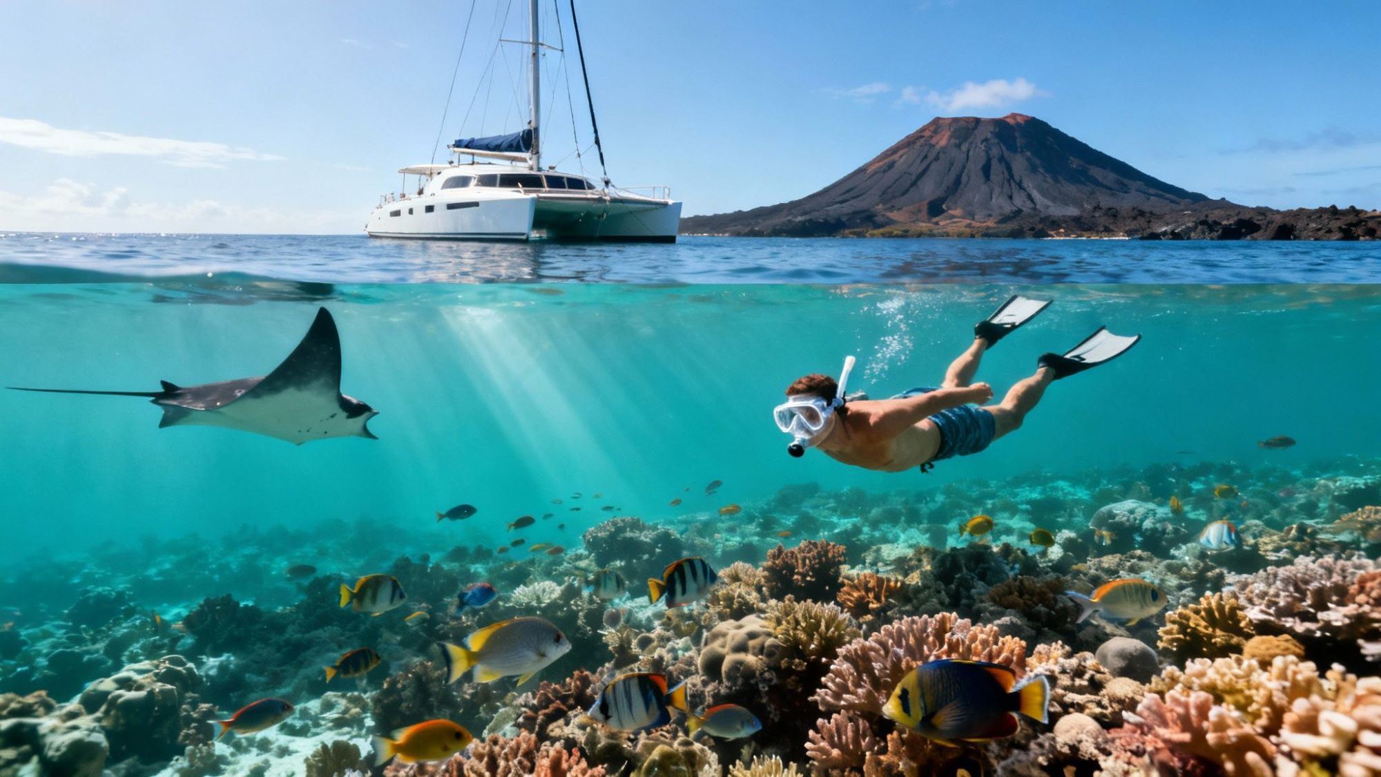 thumbnail_a978c6 Split view of snorkeler and manta ray underwater near a sailboat and volcanic island, with colorful coral and fish.
