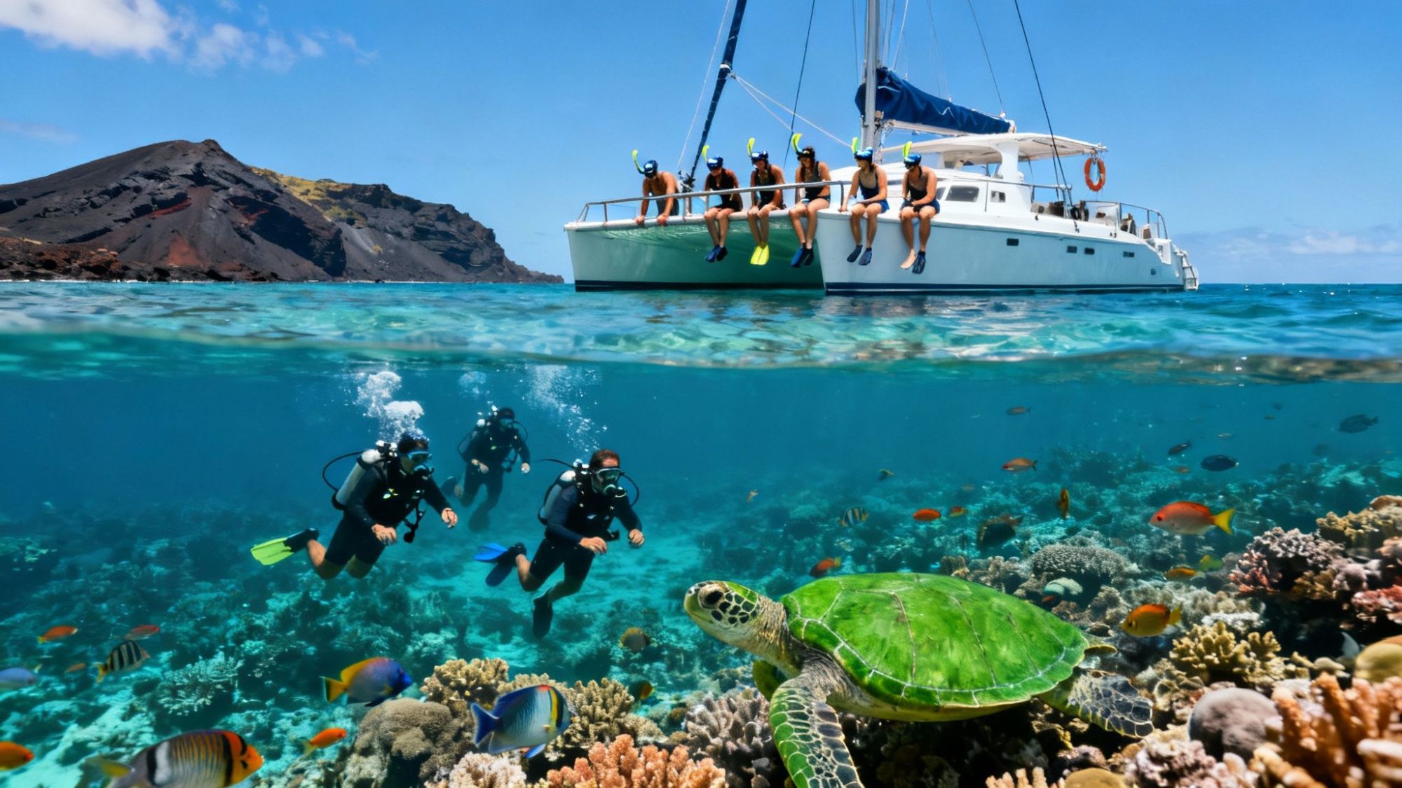 Snorkelers on a boat, scuba divers, turtle, and colorful fish in clear water near volcanic island.