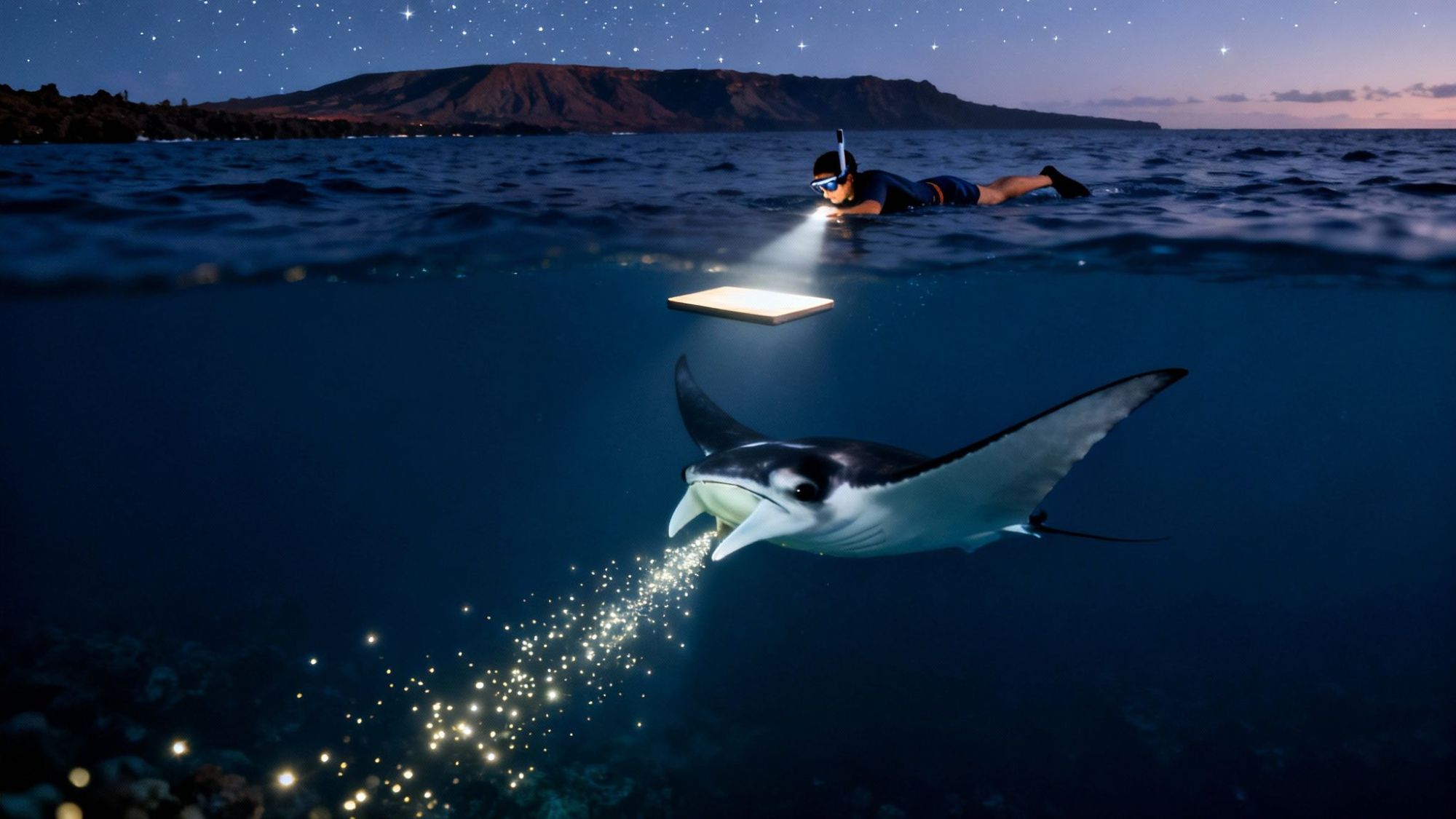 A snorkeler with a flashlight watches a manta ray swimming underwater at night with a glowing mouth in the ocean.