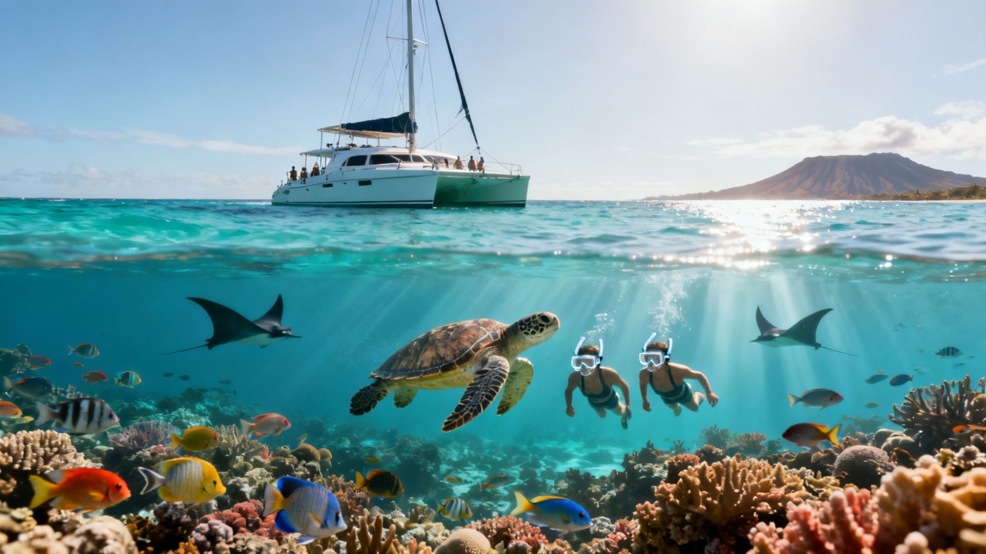 Underwater scene with snorkelers, turtle, manta rays, fish; yacht and island in background.