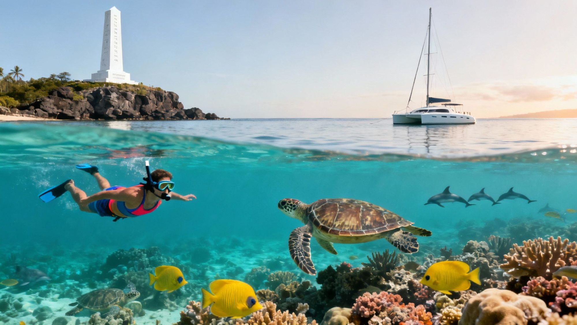 Snorkeler, sea turtle, fish, dolphins, sailboat, monument on rocky shore in tropical ocean scene.