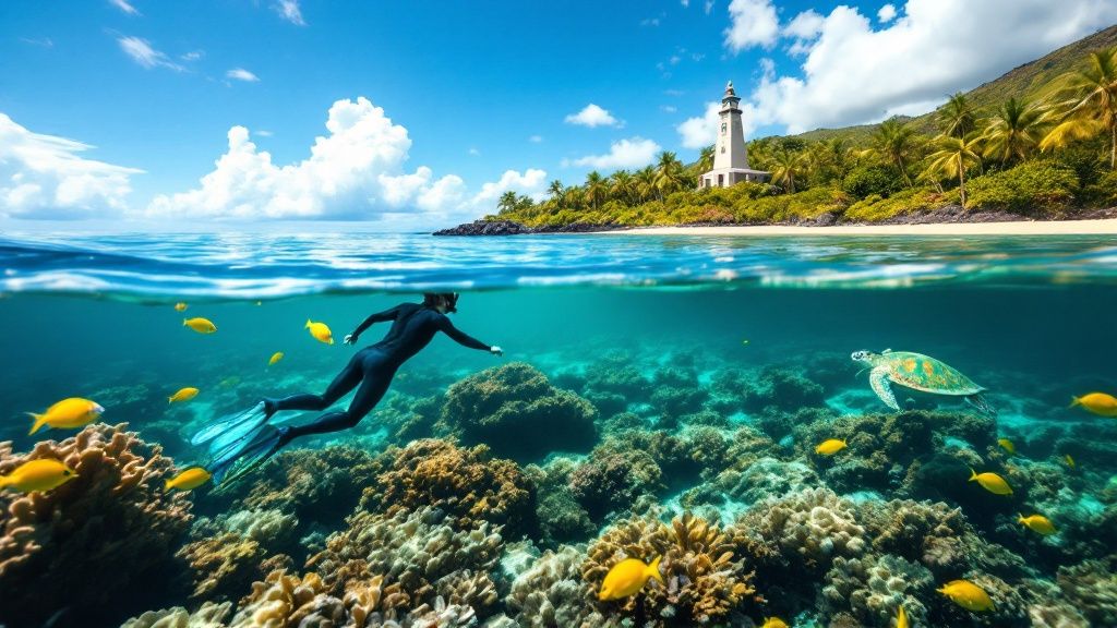 thumbnail_b11b31 Person snorkeling near corals and fish with a lighthouse and palm trees in the background.