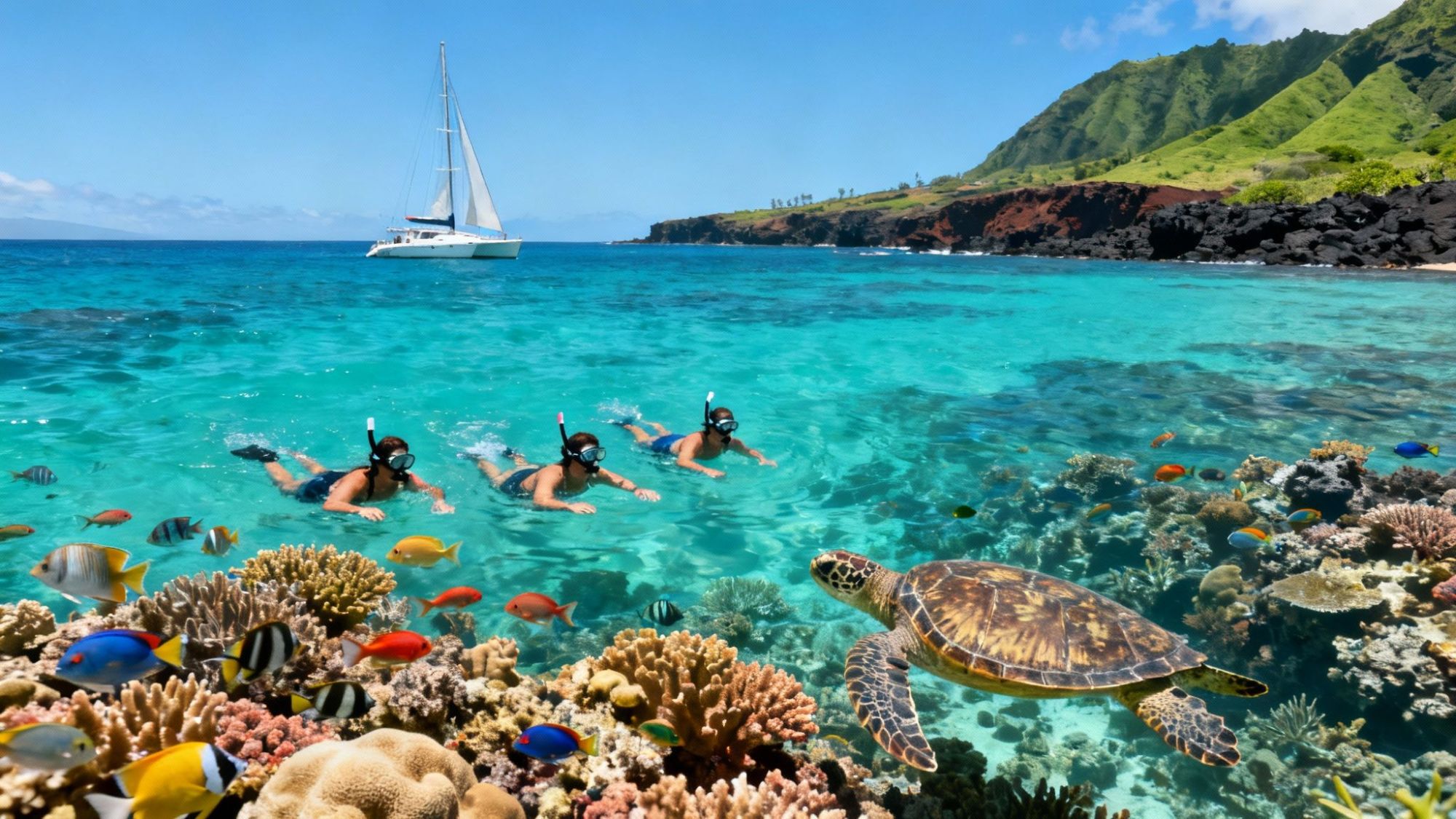 Snorkelers swim above colorful coral reef with fish and sea turtle, sailboat and lush island in background.
