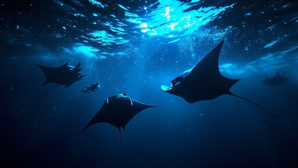 thumbnail_b1efce Underwater view of four manta rays swimming with a diver in blue-lit water.