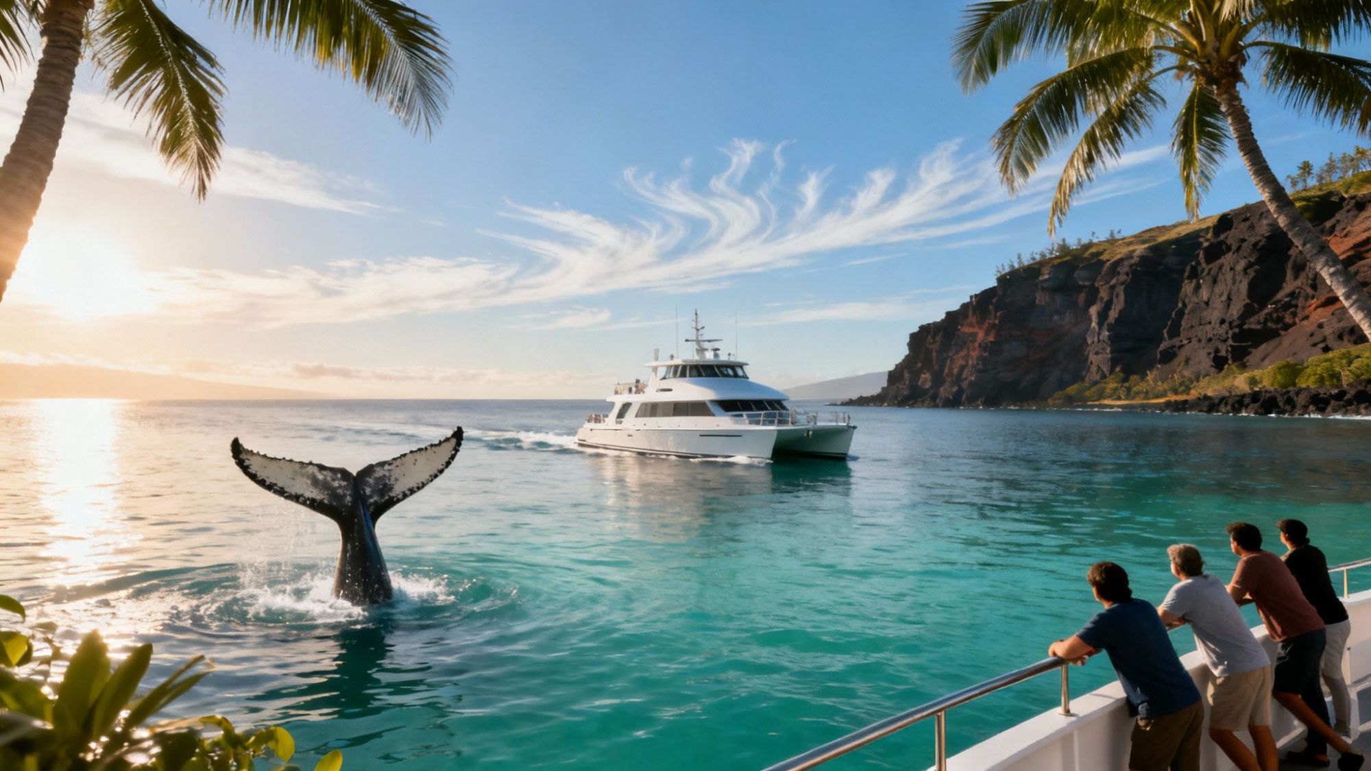 thumbnail_b263c5 People on a boat watch a whale tail near a yacht in tropical waters with palm trees and cliffs.