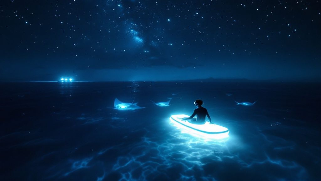thumbnail_b72ab5 Person on glowing surfboard surrounded by glowing fish under starry night sky.