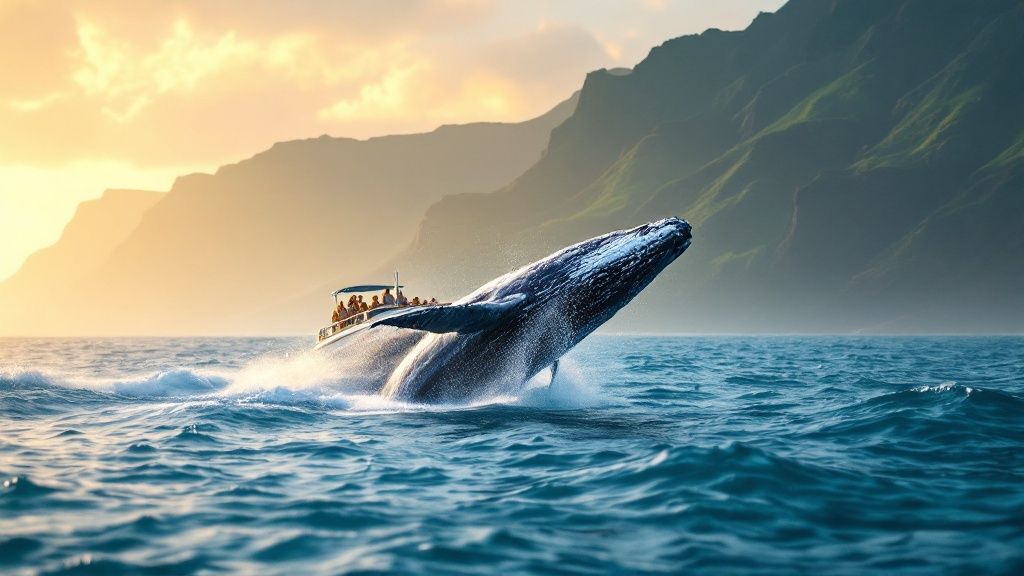 thumbnail_bcb8f8 Whale breaching near boat with people, mountains in background during sunset.
