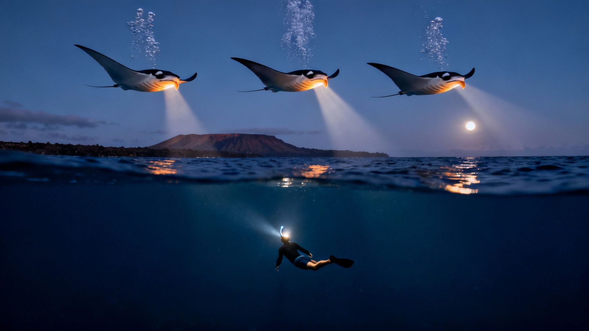 Diver swims underwater with flashlight; three manta rays above, moon and mountain in background.