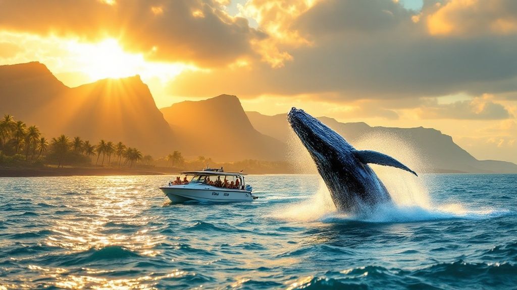 Whale breaching near boat at sunset with mountains and palm trees in background.
