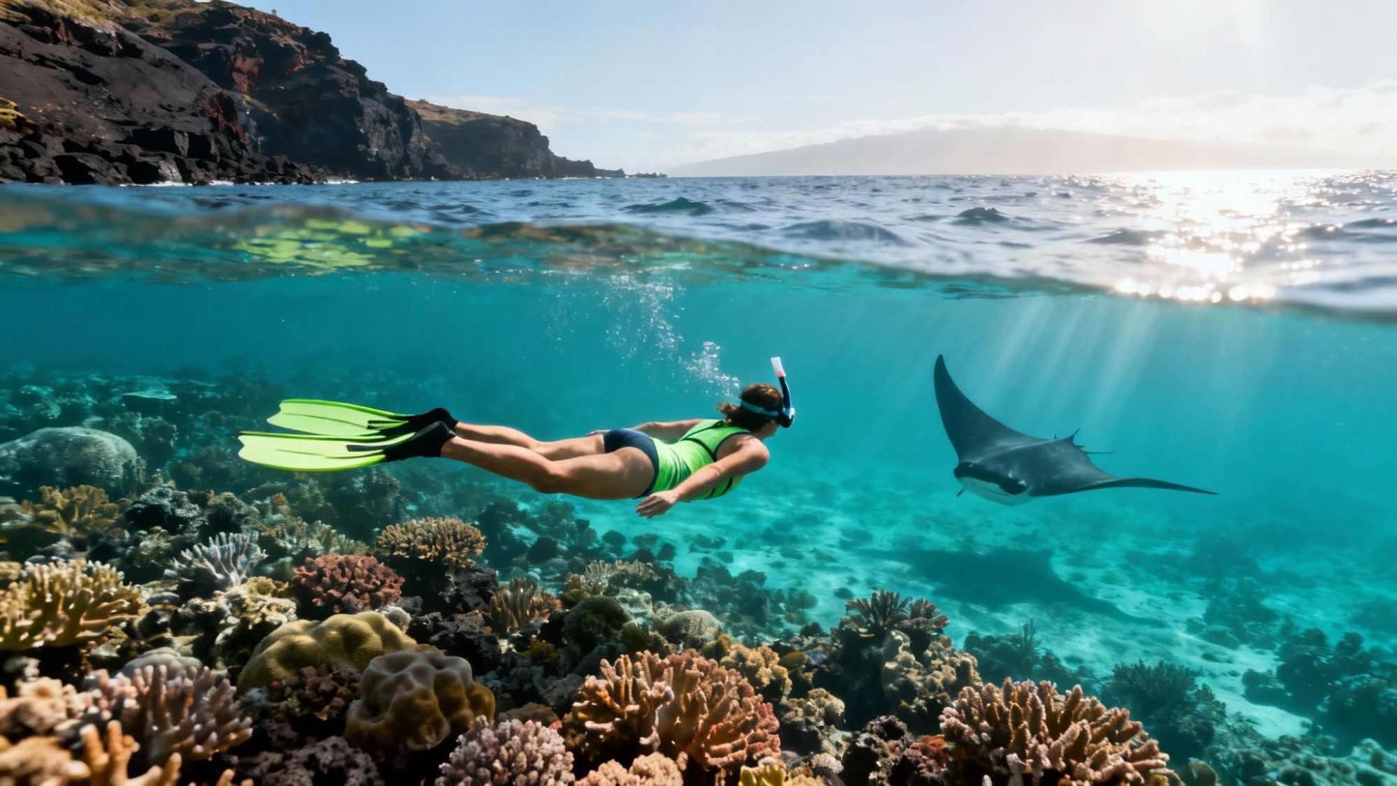 thumbnail_c3a10f Snorkeler swims over coral reef near a manta ray in clear ocean water.