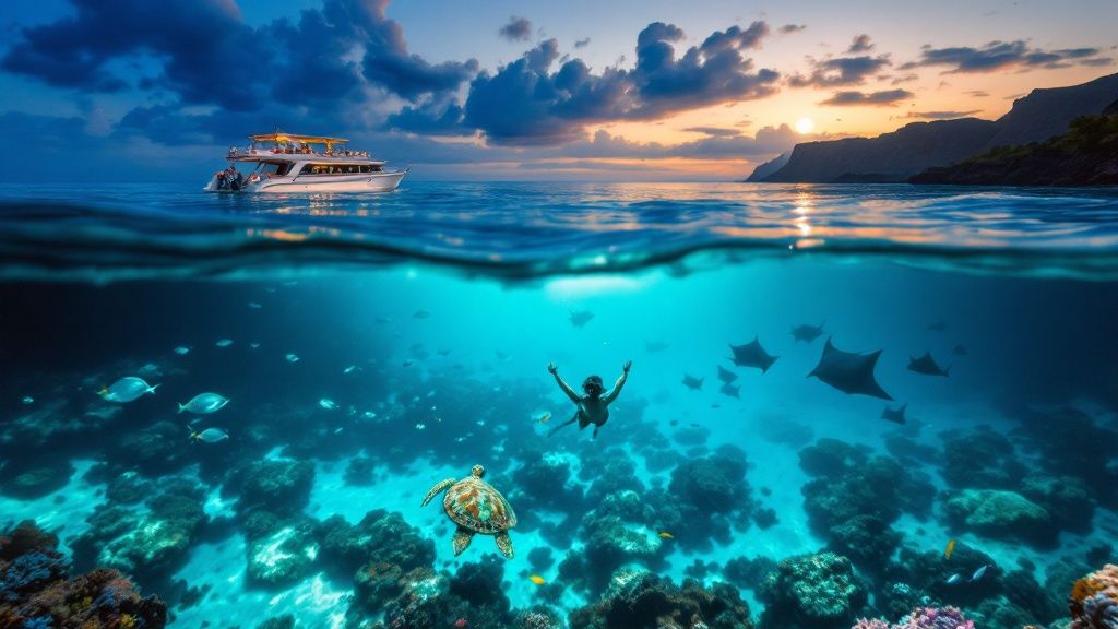 Half underwater view with a swimmer, turtle, and rays below; boat and sunset above.