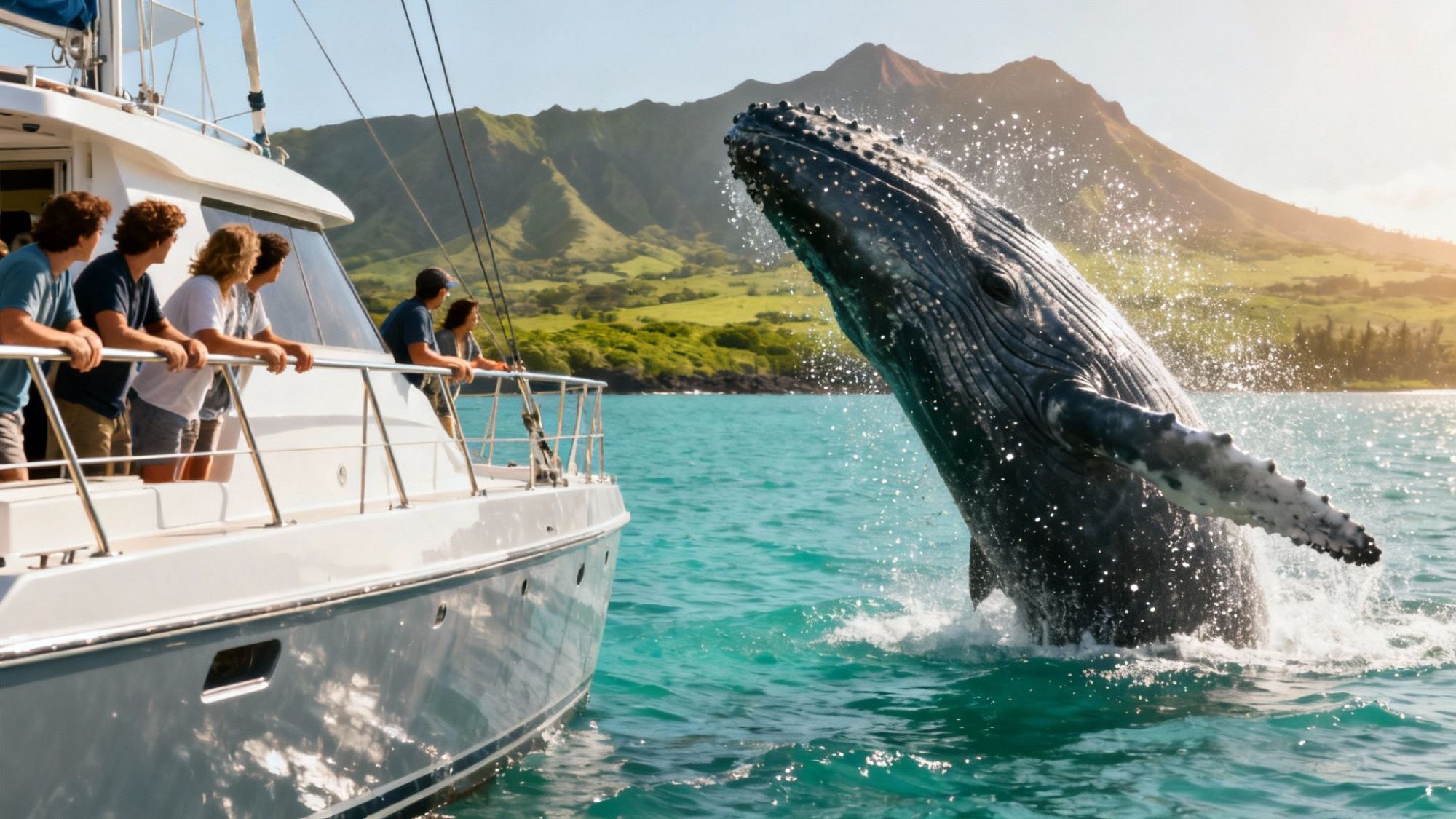 People on a boat watch a whale breaching near a mountainous island.