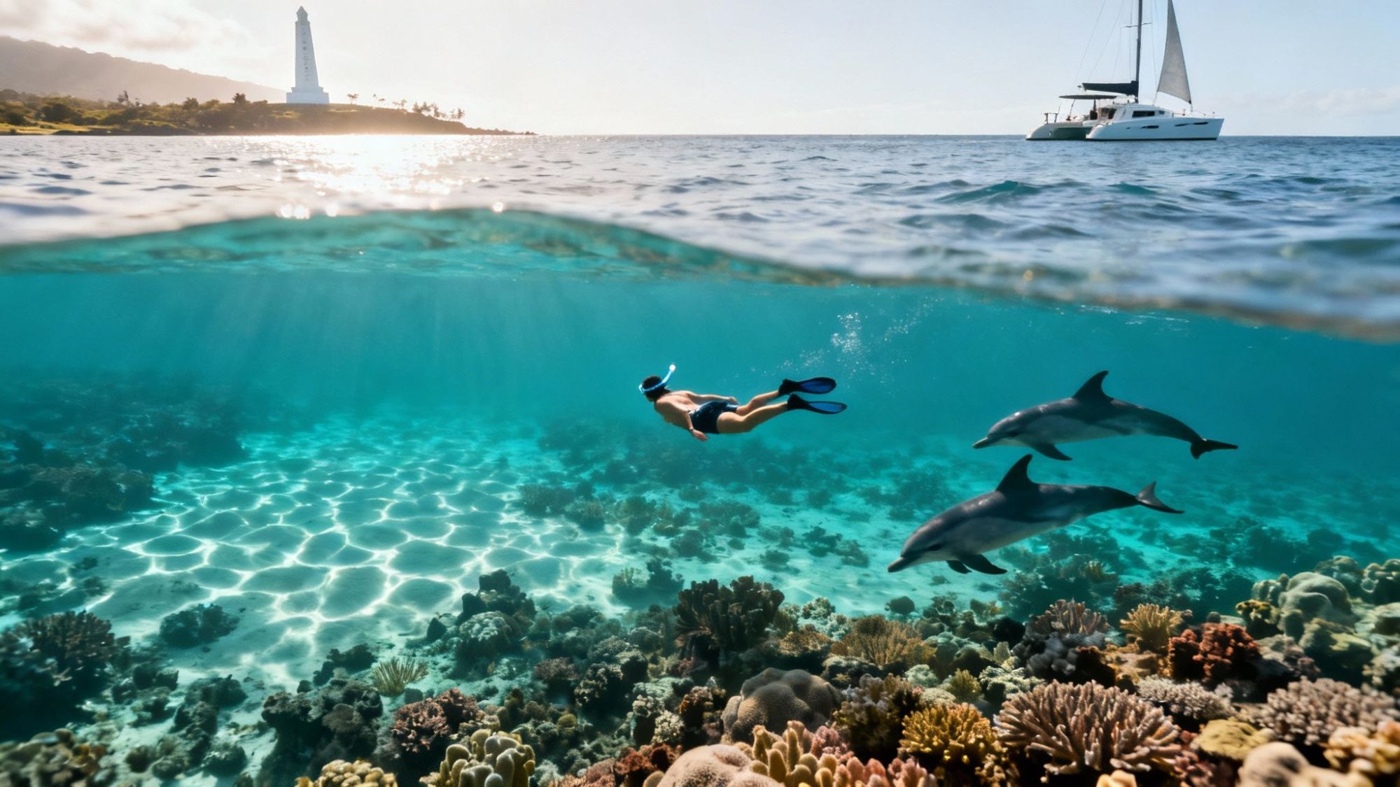 thumbnail_cdf0ed Person snorkeling with two dolphins near a reef, with a sailboat and lighthouse in the background.