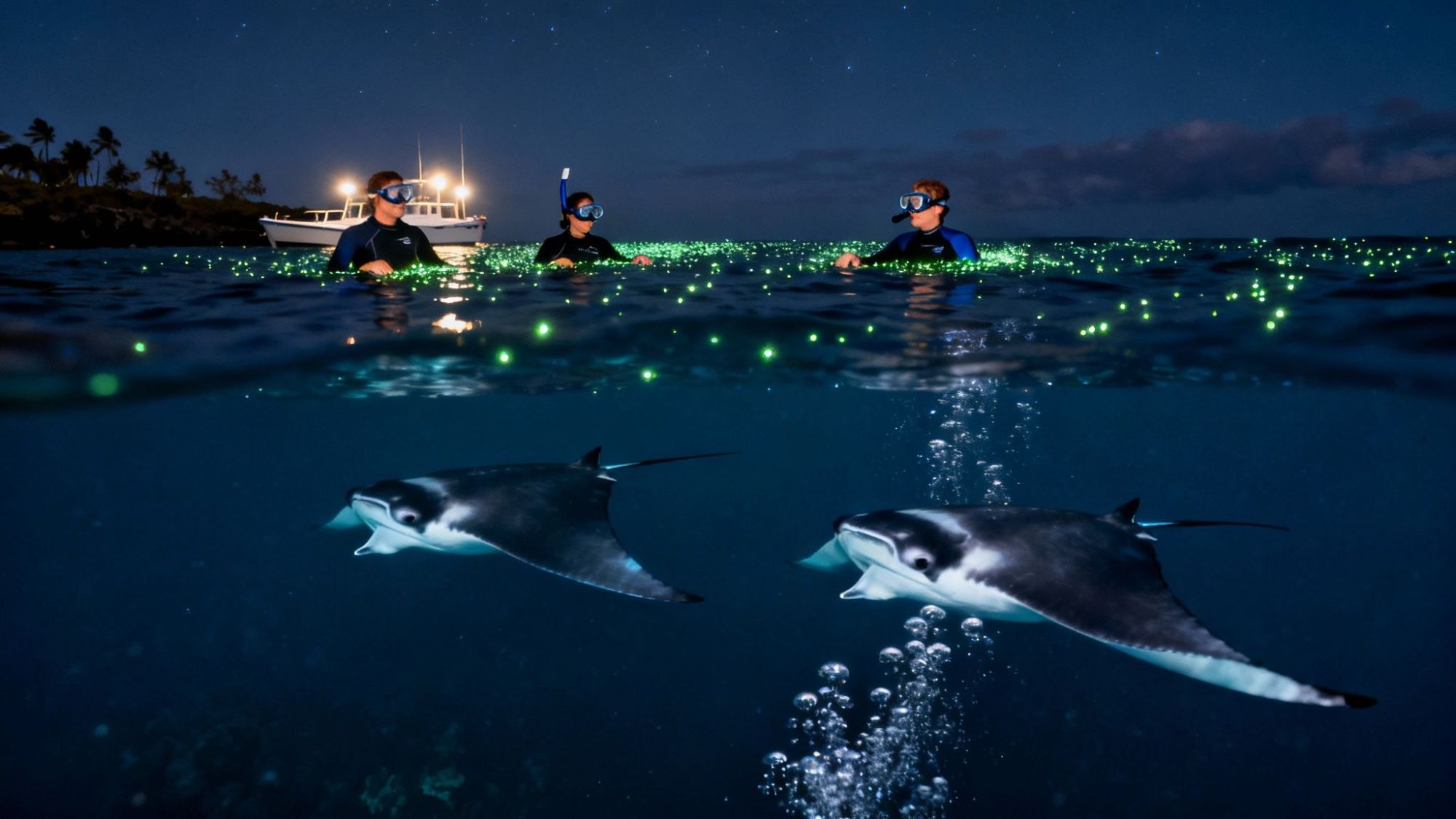 thumbnail_d73f2b Three snorkelers with a boat in the background watch manta rays underwater at night.