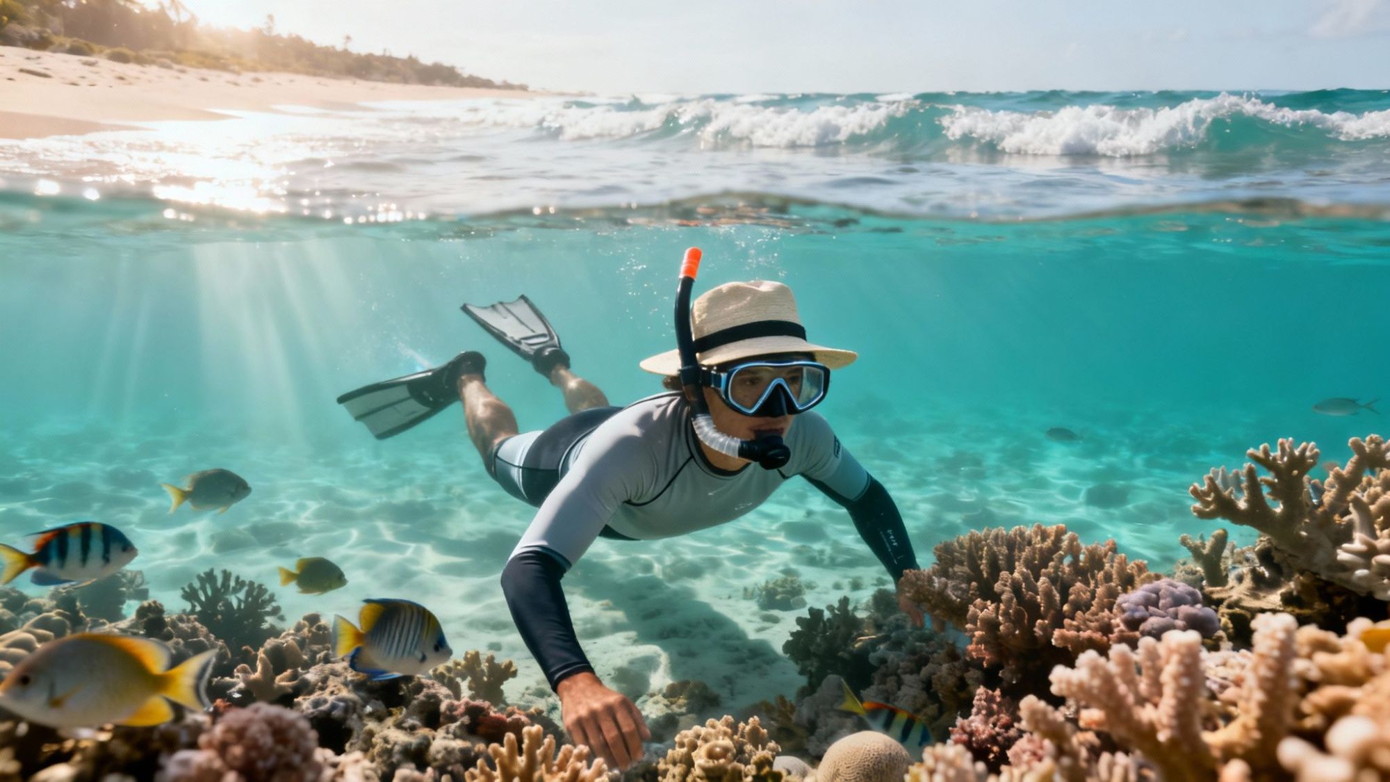 thumbnail_dbb69f Person snorkeling over vibrant coral reef with colorful fish, beneath a calm ocean surface.
