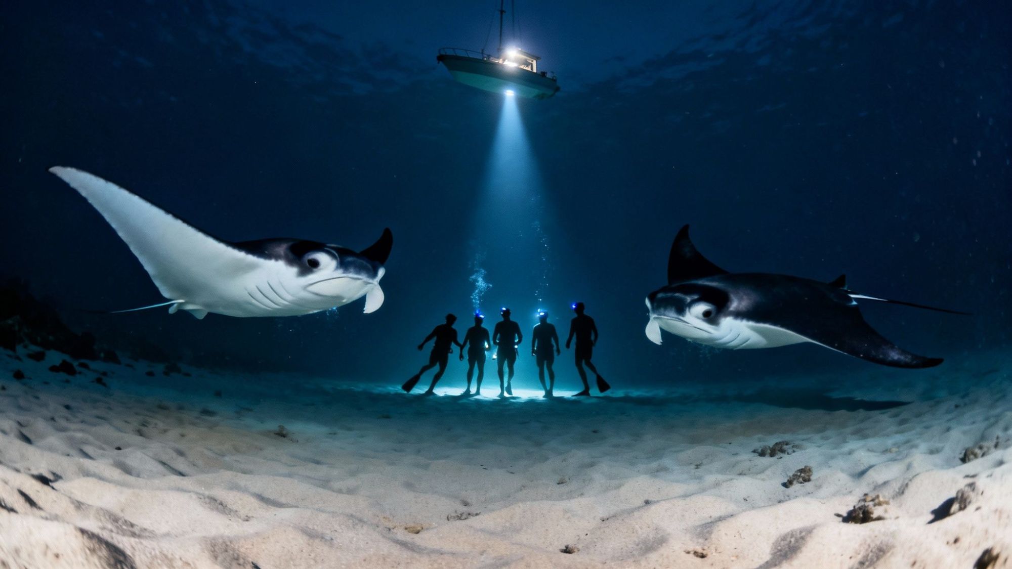 thumbnail_dcf07f Two manta rays swim near five divers underwater with a boat overhead.
